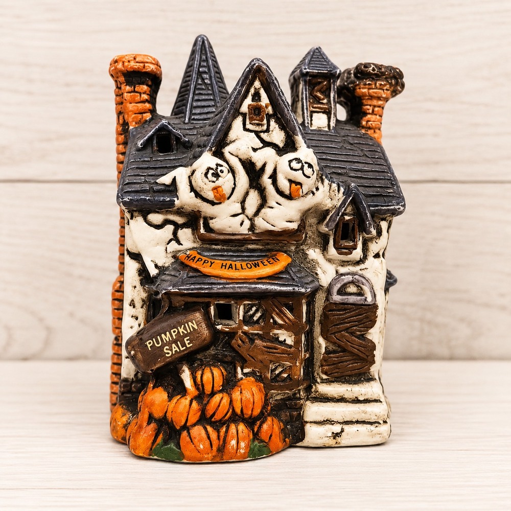 Vintage Porcelain Halloween Village Pumpkins Ghosts 3D Haunted House Spooky 90s